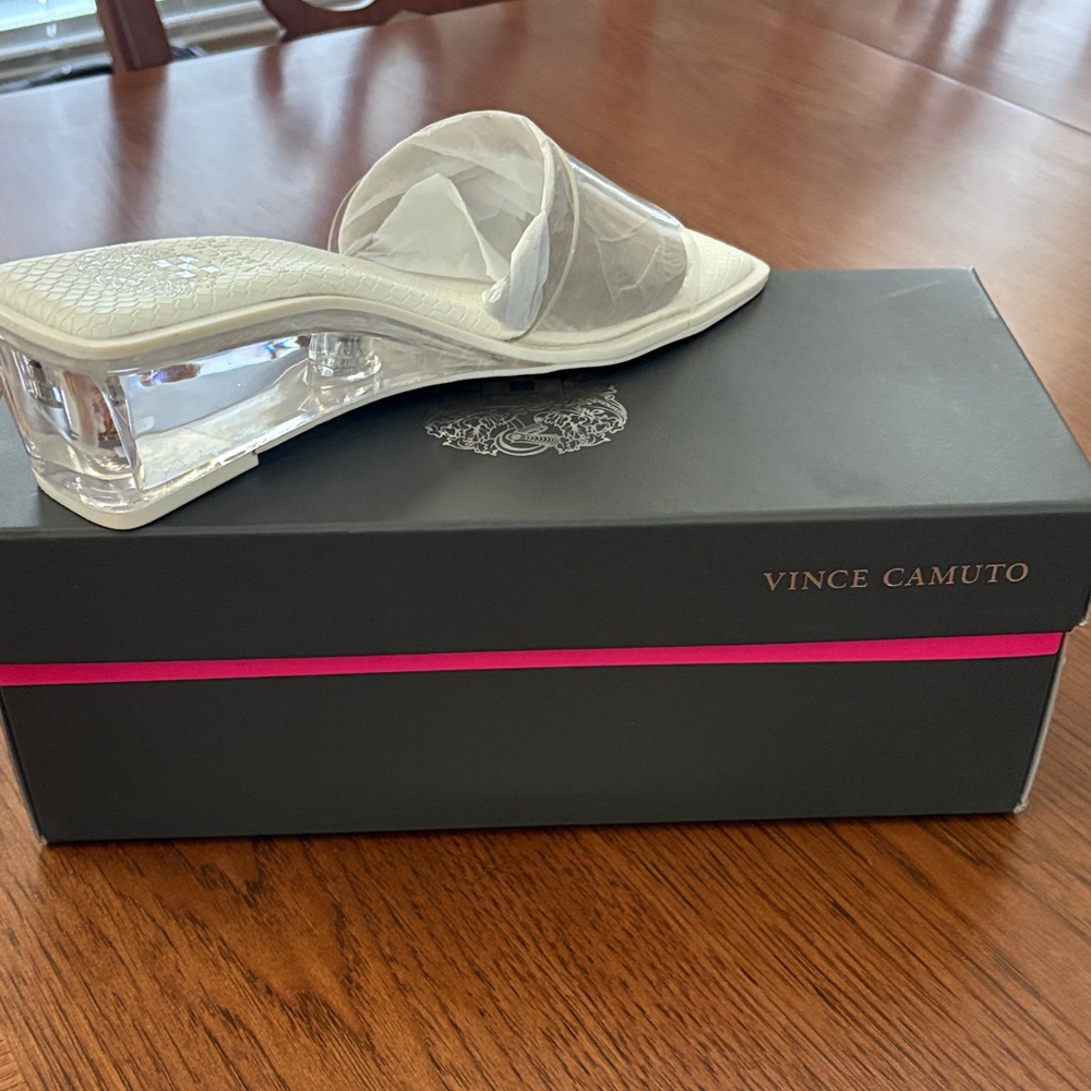 Vince Camuto White and Clear Heeled Mules